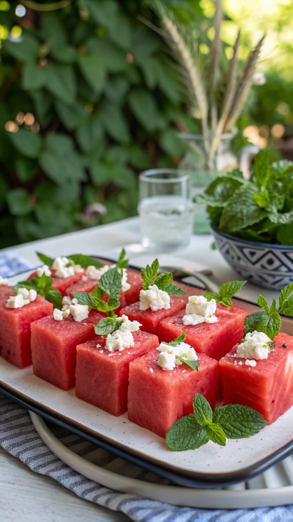Watermelon cubes topped with feta cheese and mint leaves on a platter.