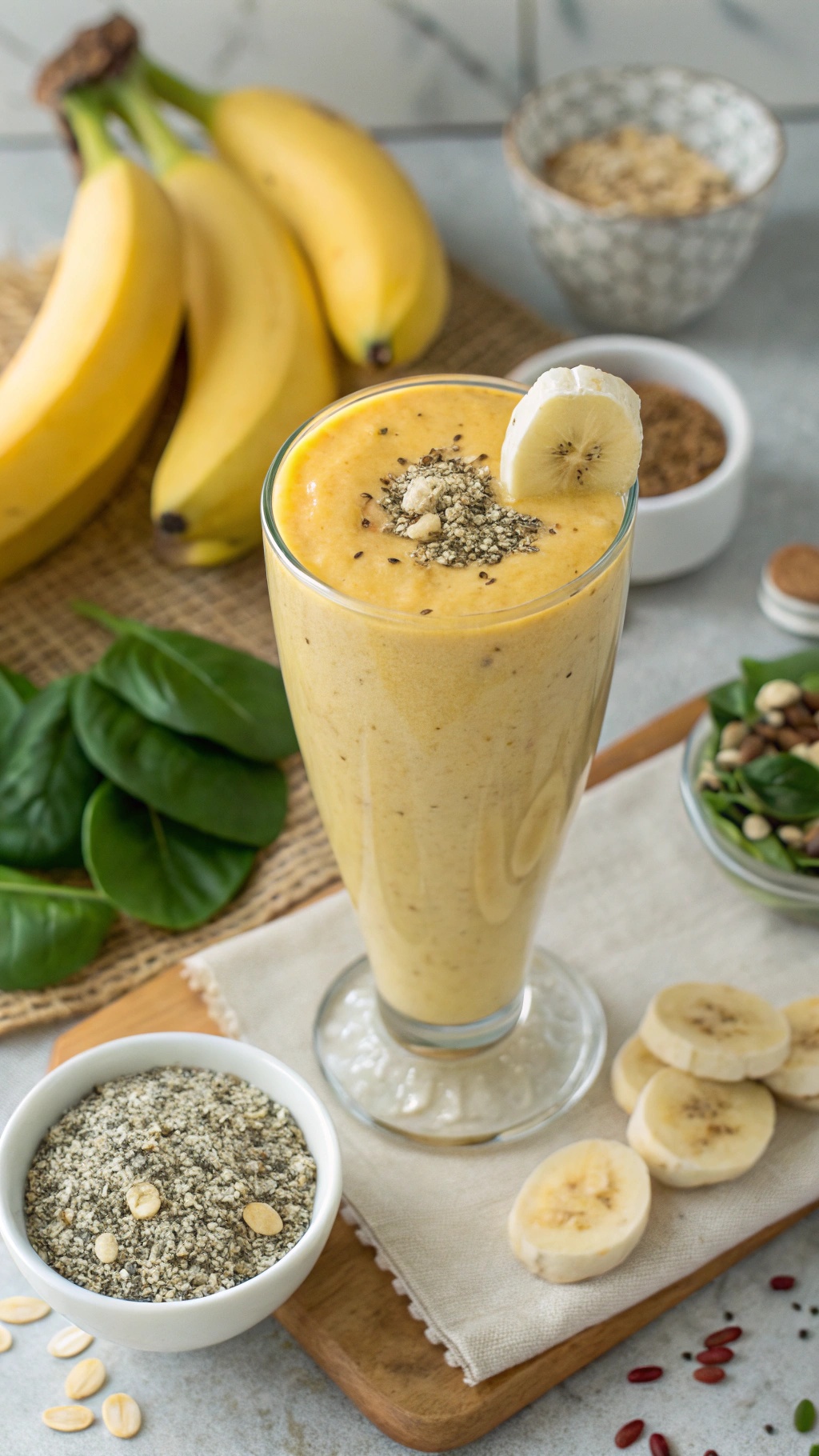 A vibrant banana smoothie in a tall glass, topped with a banana slice and seeds, with fresh bananas and spinach in the background.