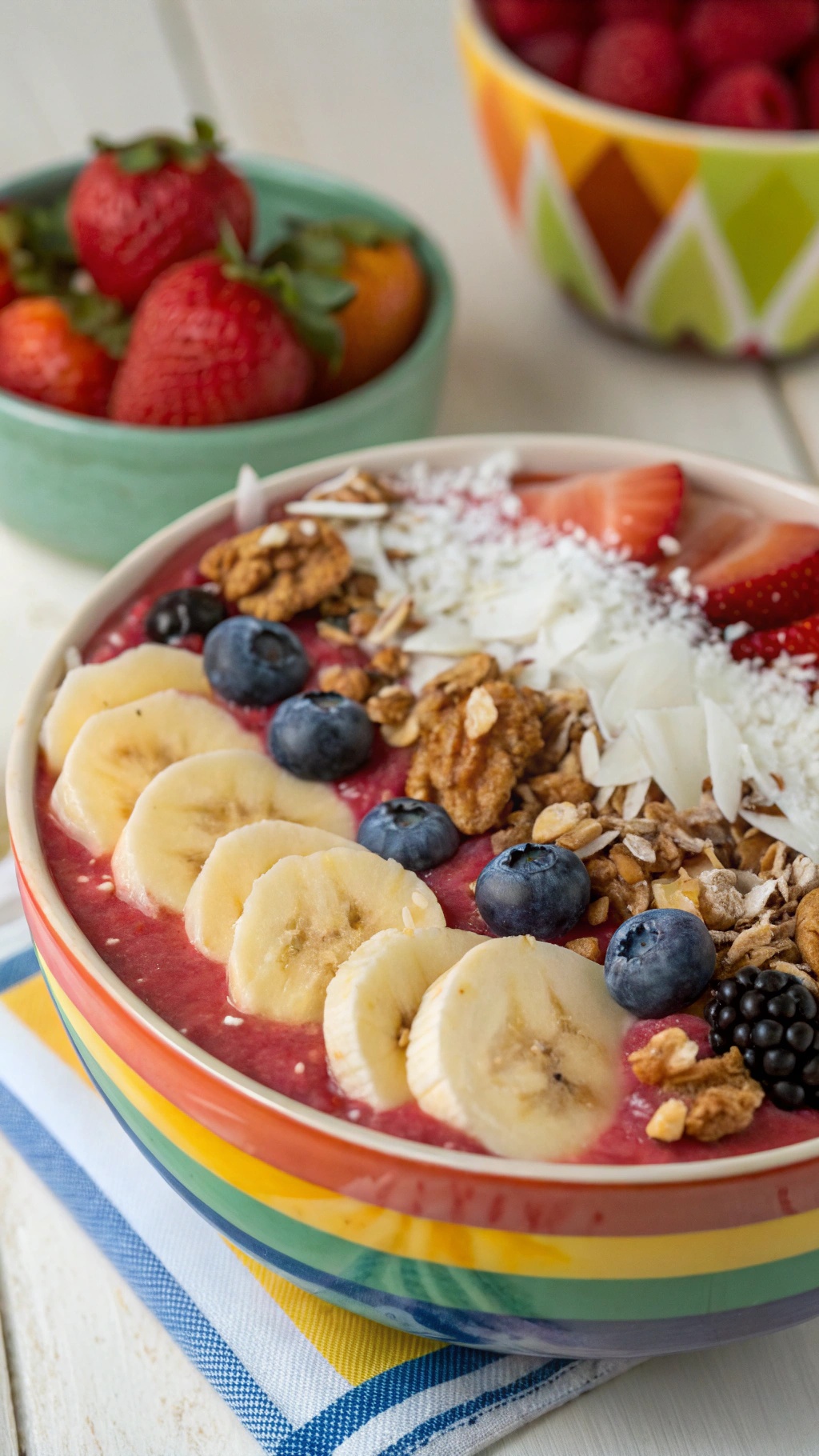 A colorful banana smoothie bowl topped with fresh fruits, granola, and coconut.