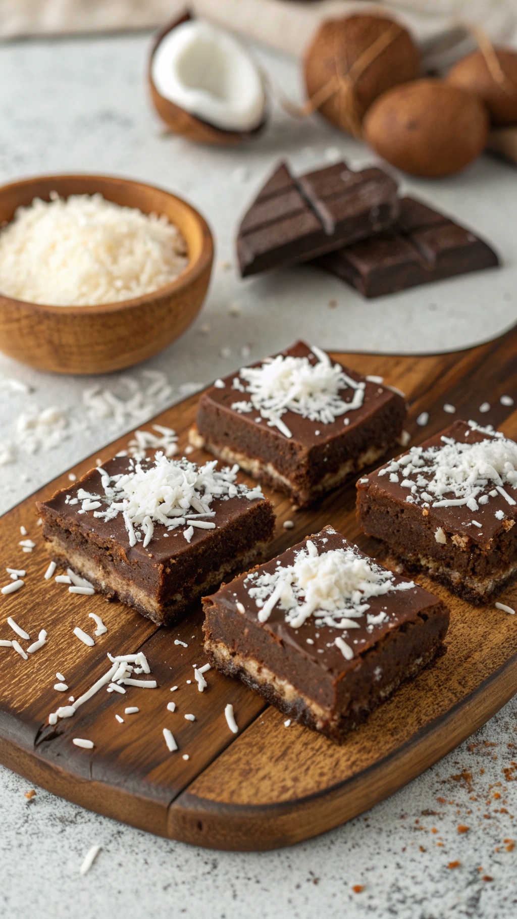 Fruity no-bake chocolate coconut bars on a wooden platter with shredded coconut topping.