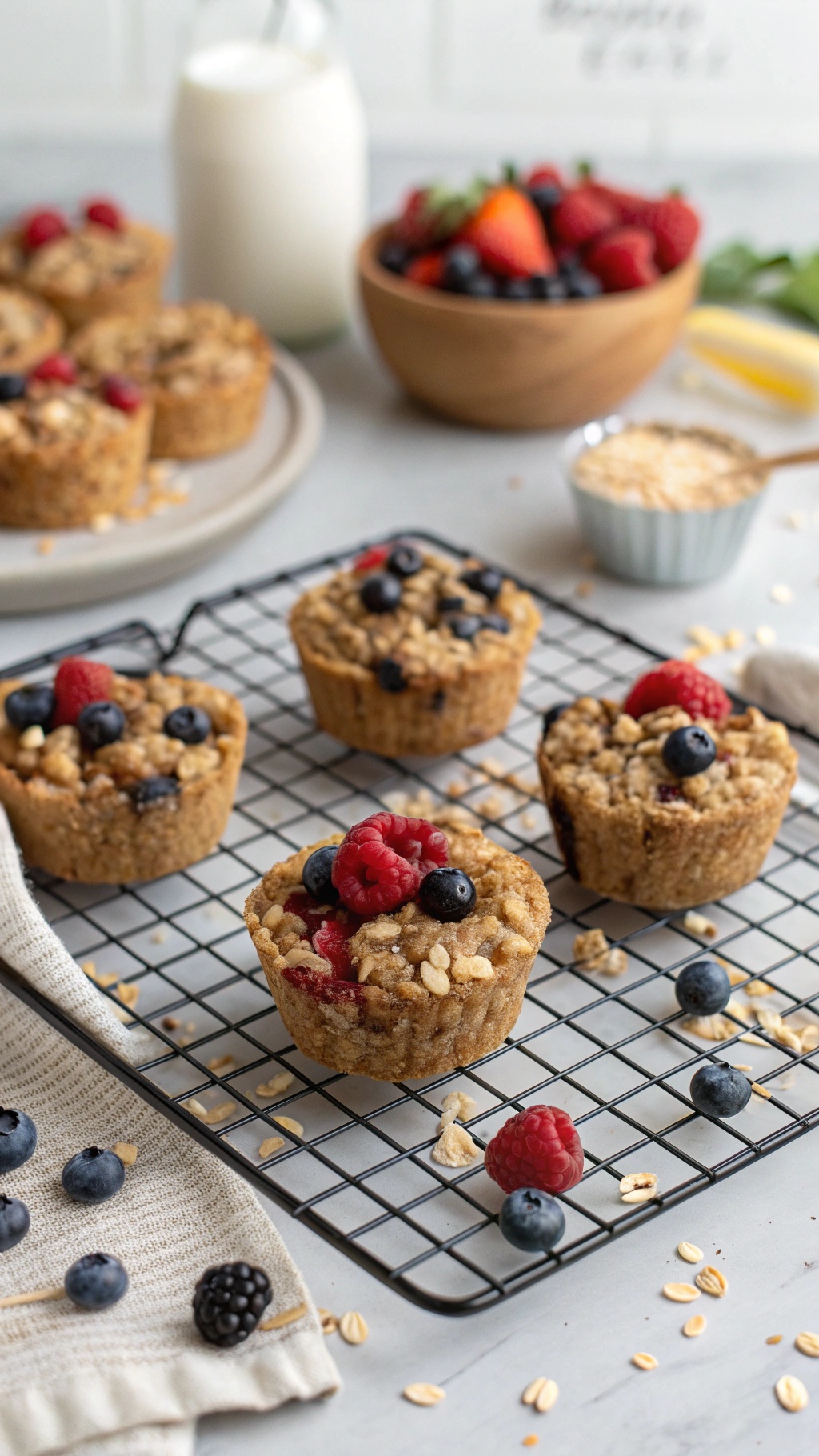 Baked fruity oatmeal cups on a cooling rack with fresh berries and a glass of milk