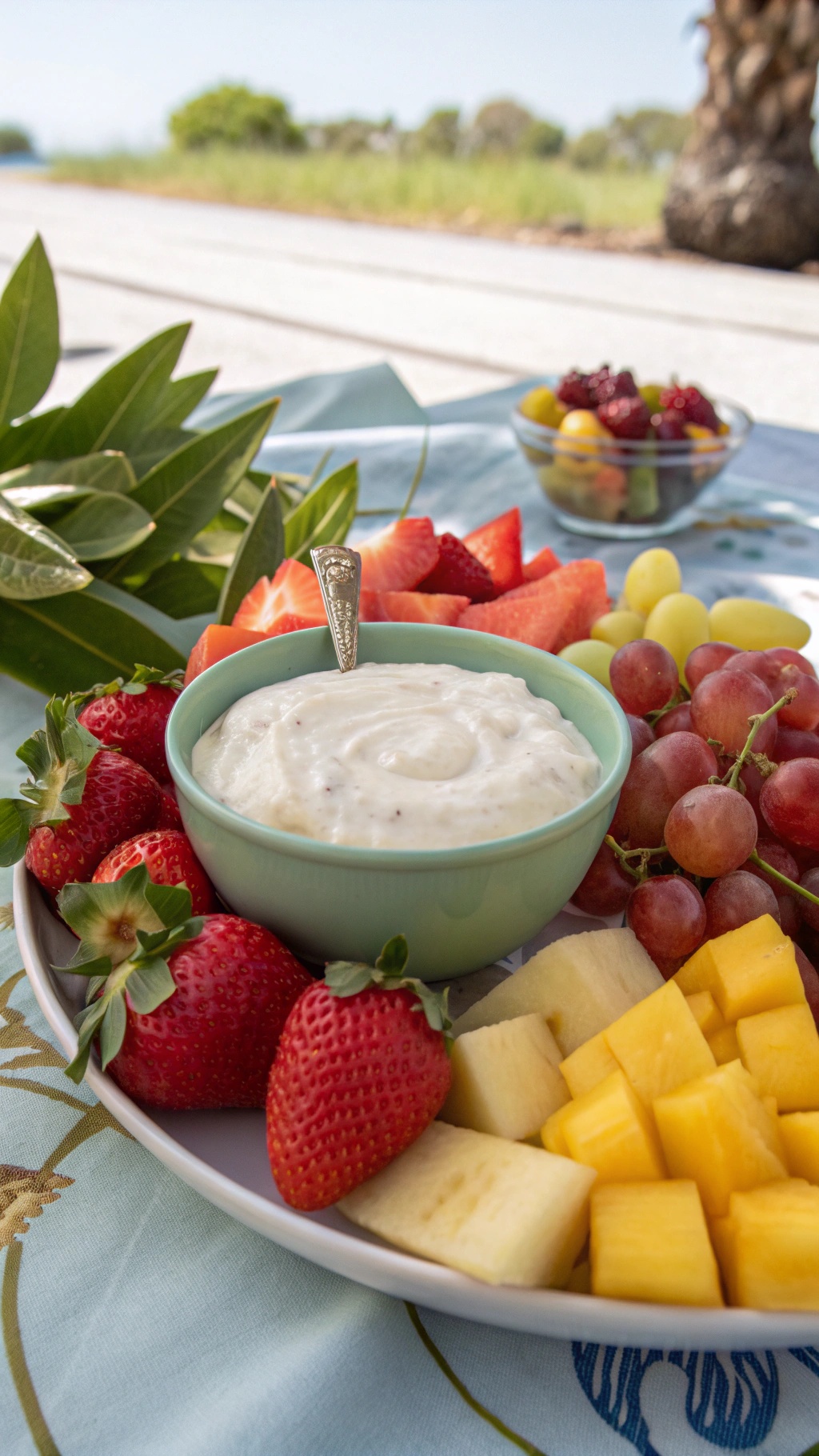 A colorful platter featuring a creamy yogurt dip surrounded by fresh strawberries, pineapple, and grapes.