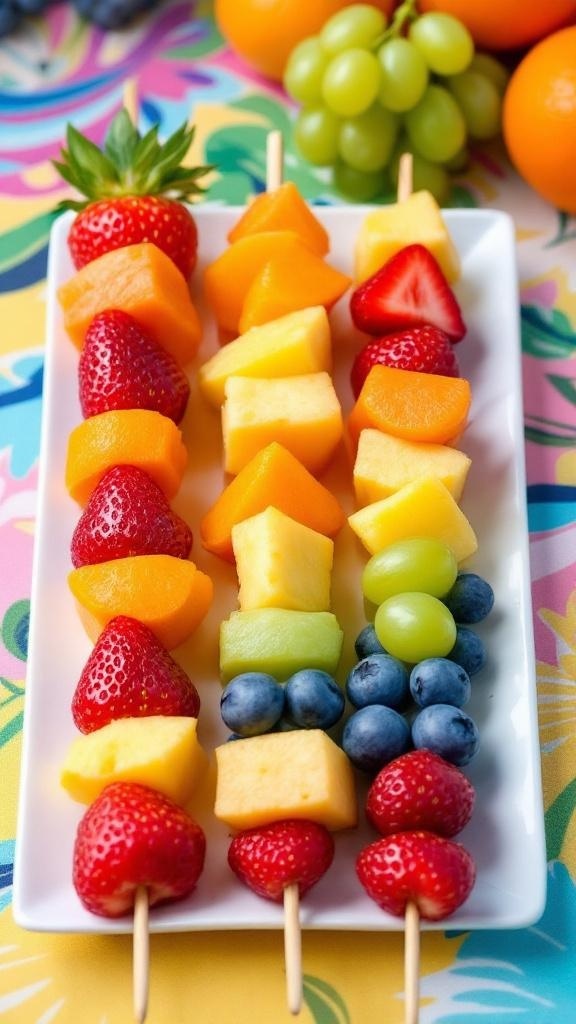 Colorful fruit skewers with strawberries, cantaloupe, honeydew, pineapple, blueberries, and green grapes on a plate.