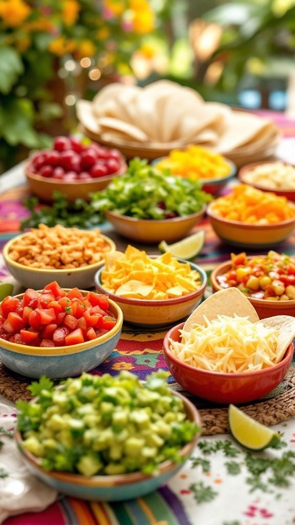 A colorful taco bar with various toppings and tortillas ready for a family dinner.