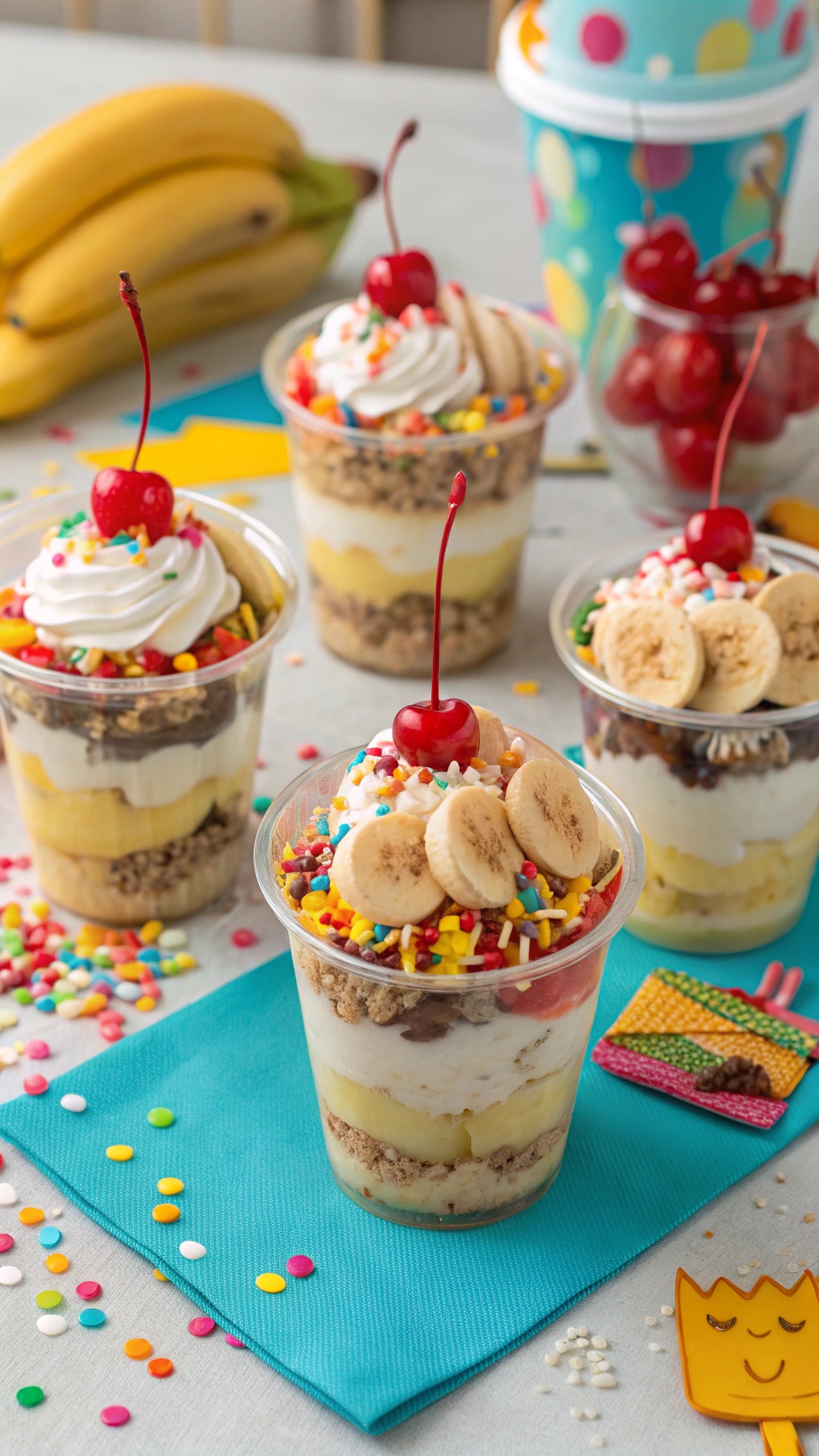Colorful no-bake banana split cups with whipped cream, bananas, and sprinkles.