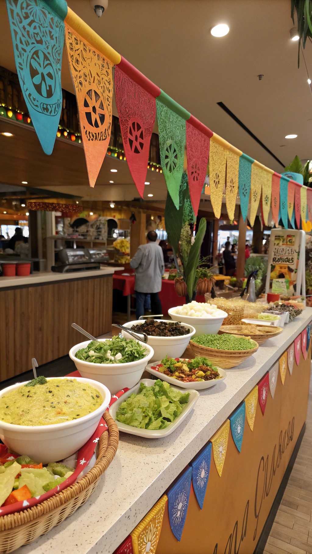 A vibrant taco salad bar with colorful decorations and a variety of fresh ingredients.