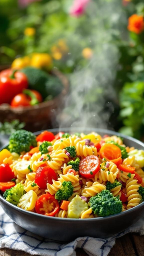 A colorful bowl of garden vegetable pasta salad with fresh vegetables and pasta.