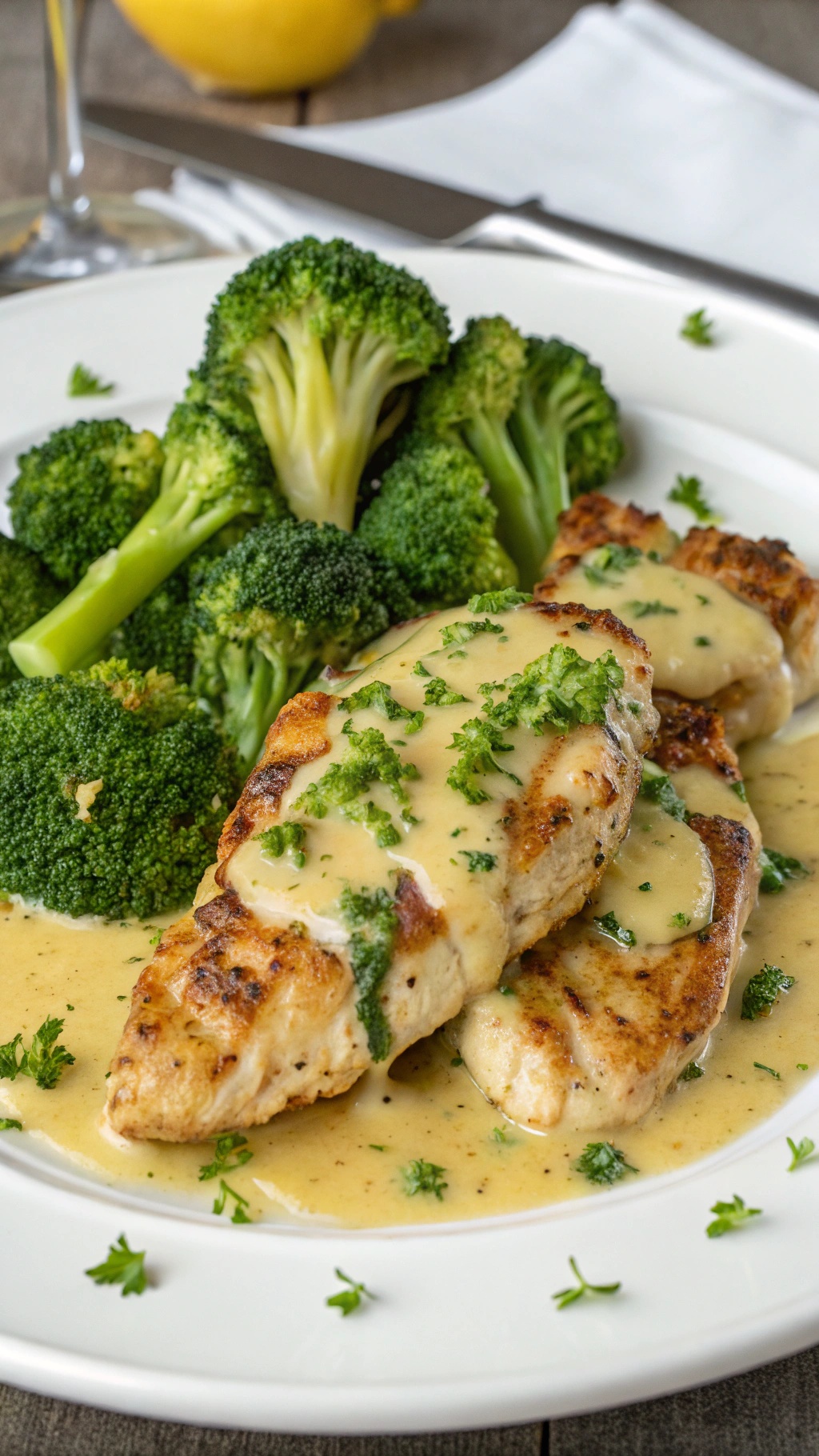 Garlic butter chicken breast served with steamed broccoli on a plate.