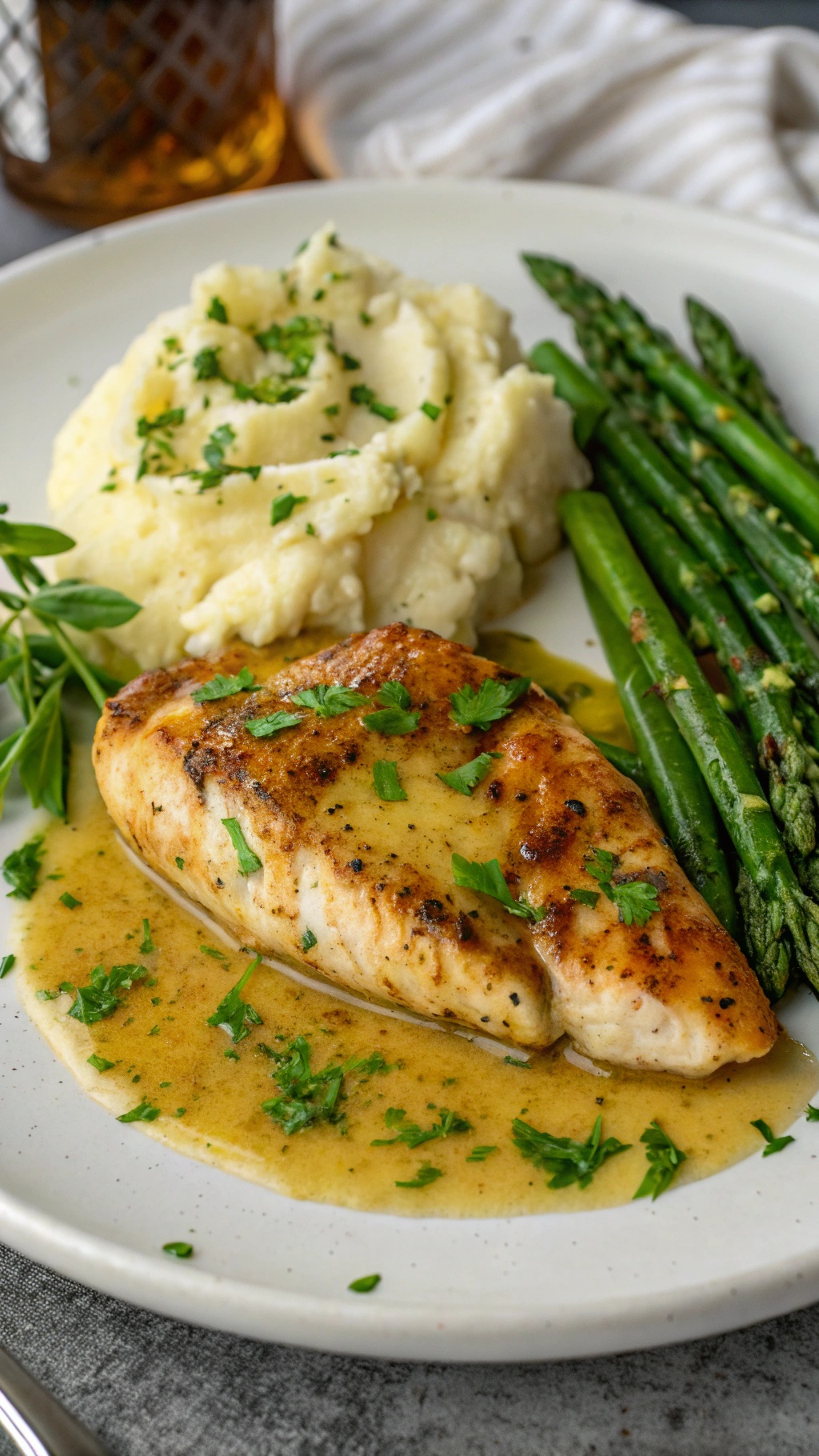 A plate of garlic butter chicken with mashed potatoes and asparagus, garnished with parsley.