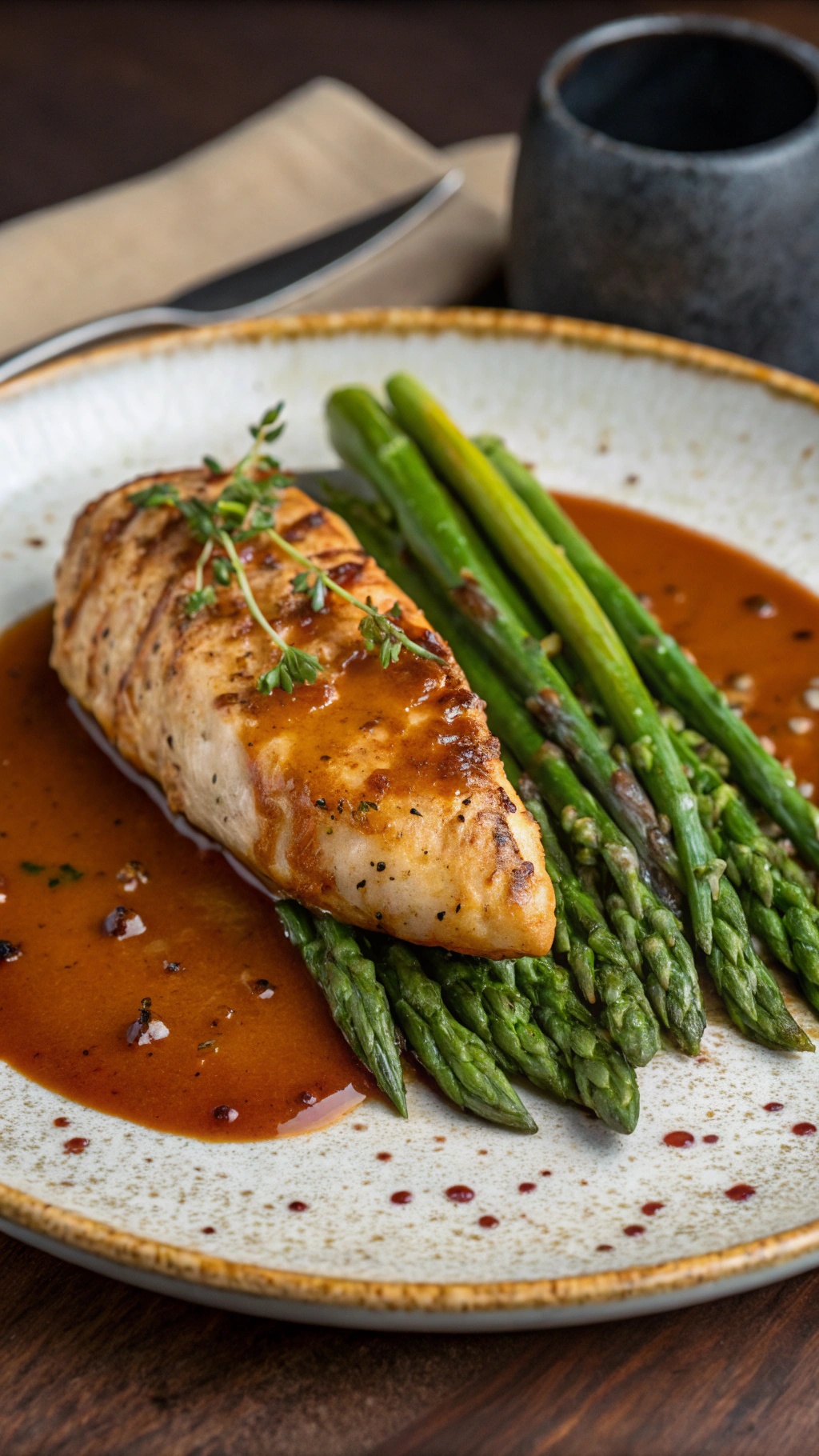 A plate of garlic butter chicken breast served with asparagus.