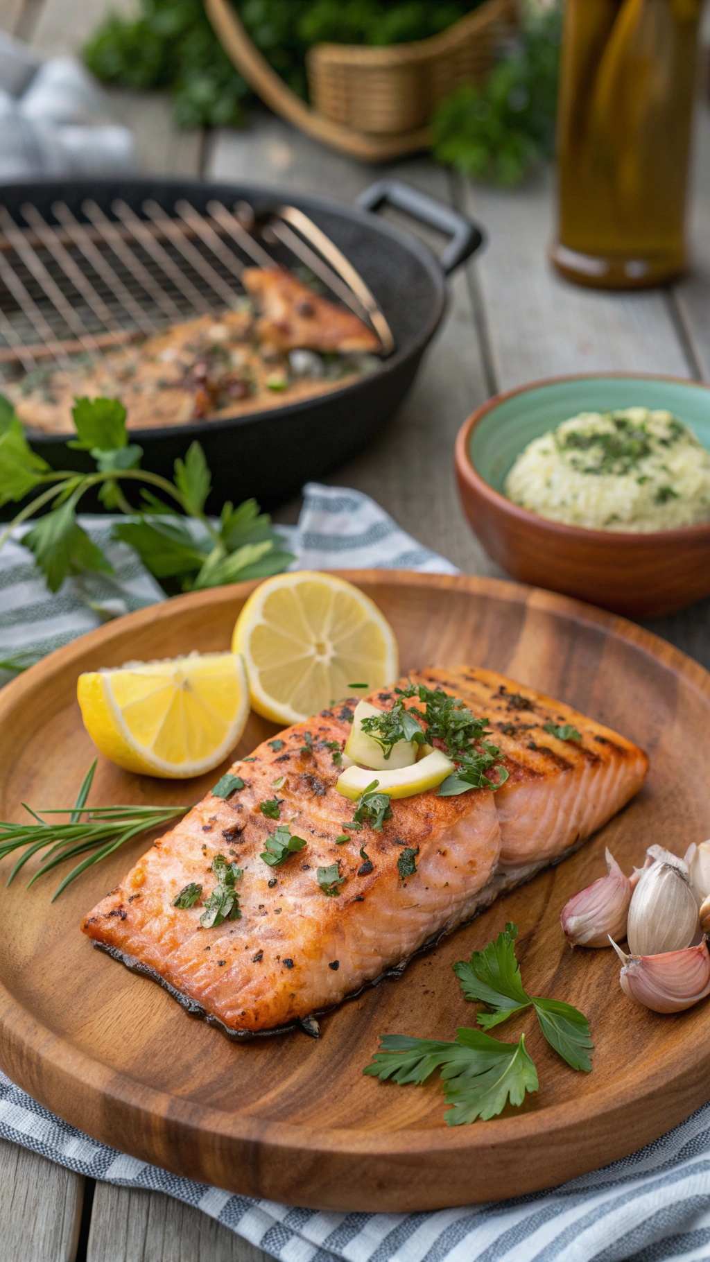 Grilled salmon fillet garnished with herbs and lemon slices on a wooden plate