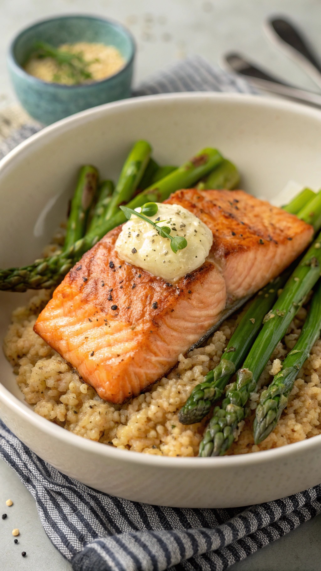 A bowl of garlic butter salmon with asparagus and quinoa, garnished with herbs.