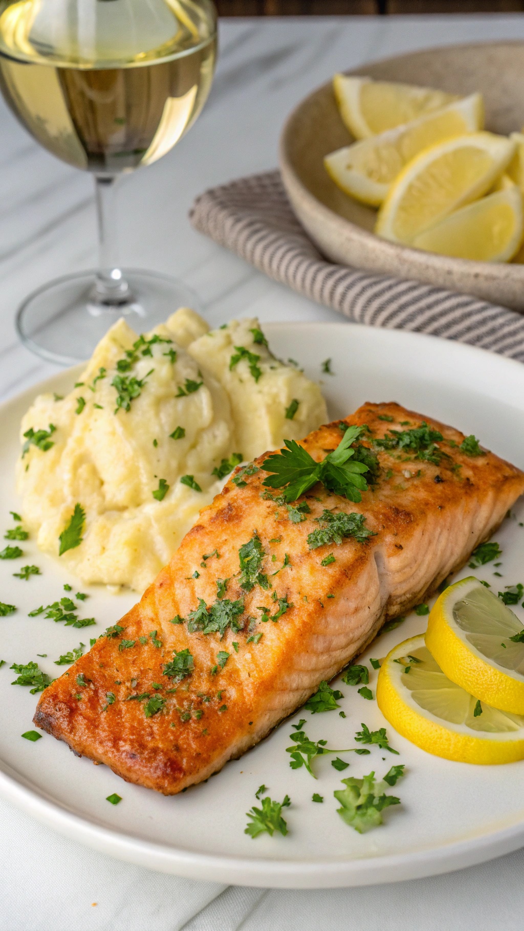A plate of garlic butter salmon with mashed potatoes and lemon slices, garnished with parsley.