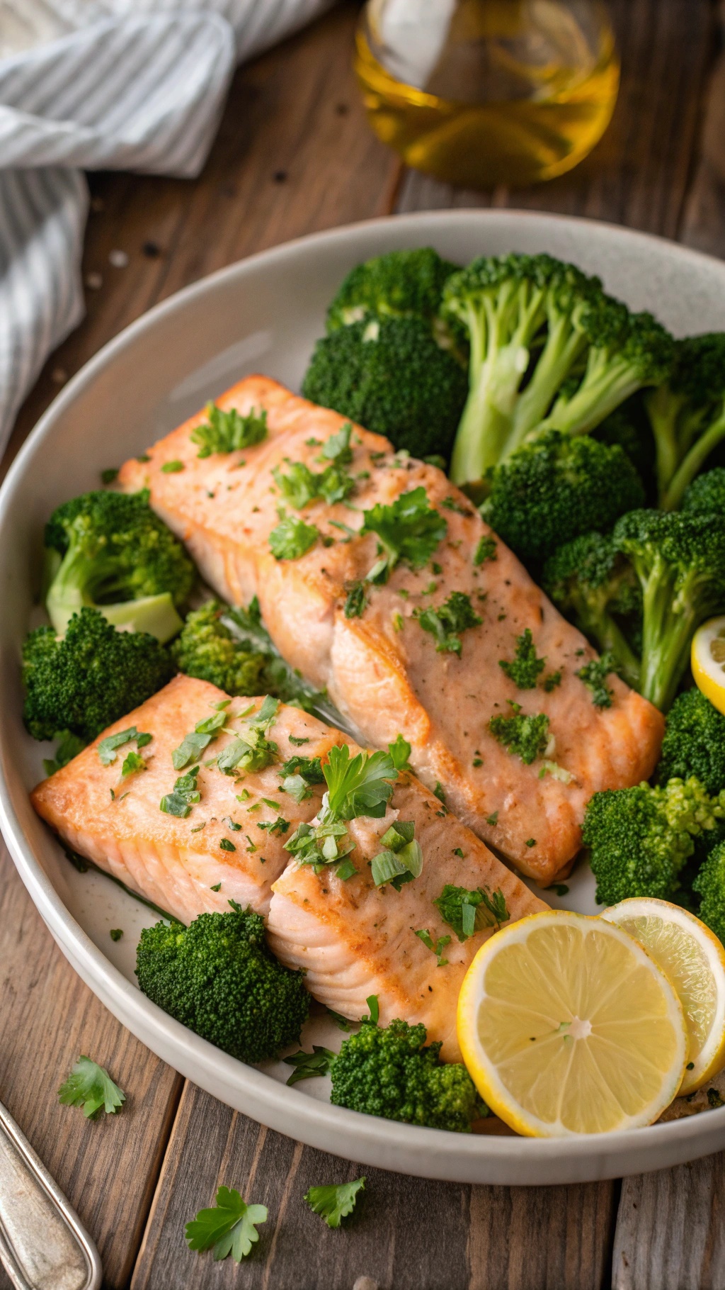 A plate of garlic butter salmon with broccoli, garnished with parsley and lemon slices.