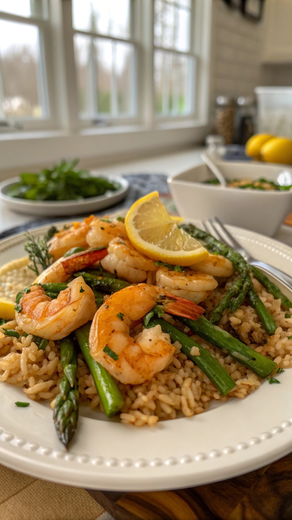 A plate of garlic butter shrimp and asparagus served with rice and garnished with lemon.