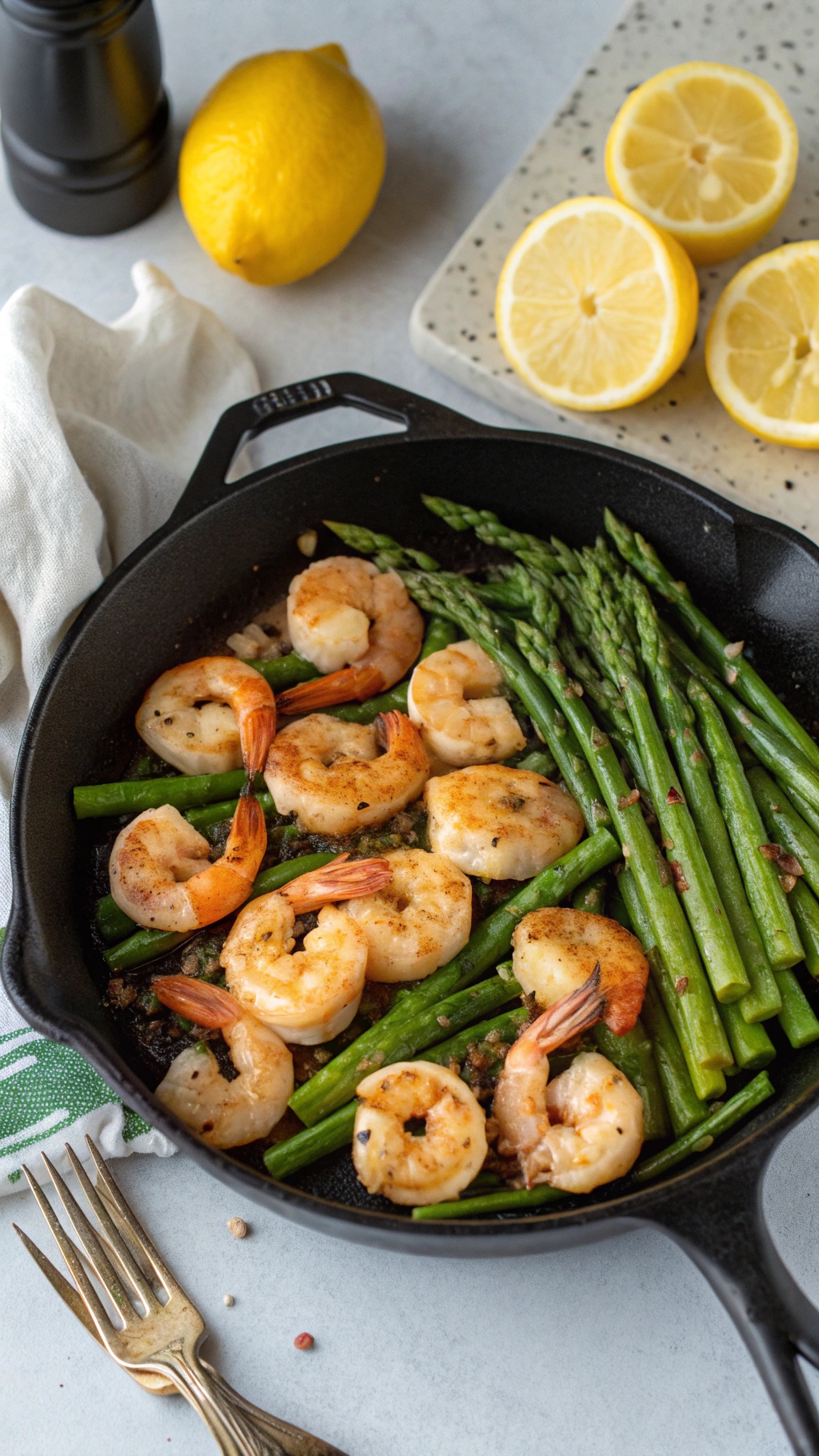 Garlic butter shrimp with asparagus in a cast-iron skillet, garnished with lemon slices.