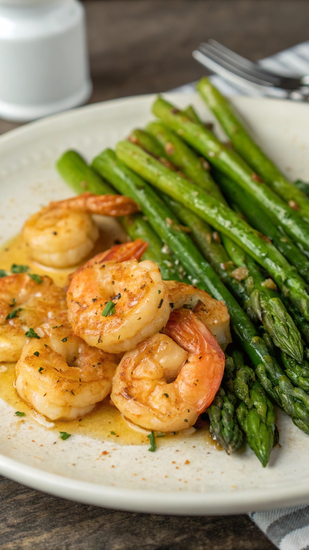 A plate of garlic butter shrimp with asparagus, showcasing golden shrimp and vibrant green asparagus.