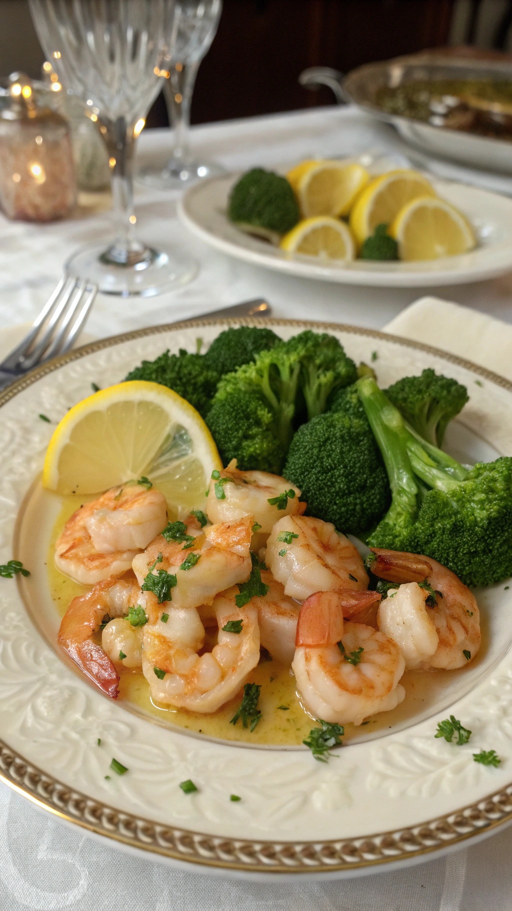 A plate of Garlic Lemon Shrimp with Broccoli, garnished with lemon slices and parsley.