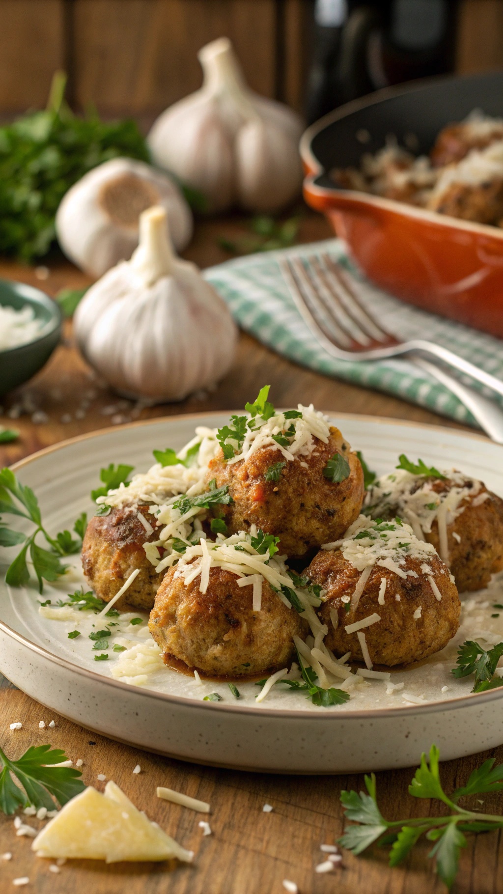 Garlic Parmesan Chicken Meatballs on a plate, garnished with parsley and cheese, with garlic cloves in the background.