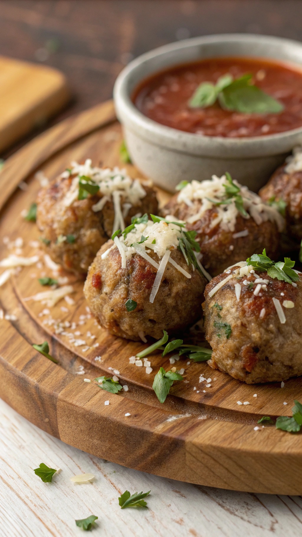 Delicious garlic parmesan meatballs garnished with parsley and served with marinara sauce.