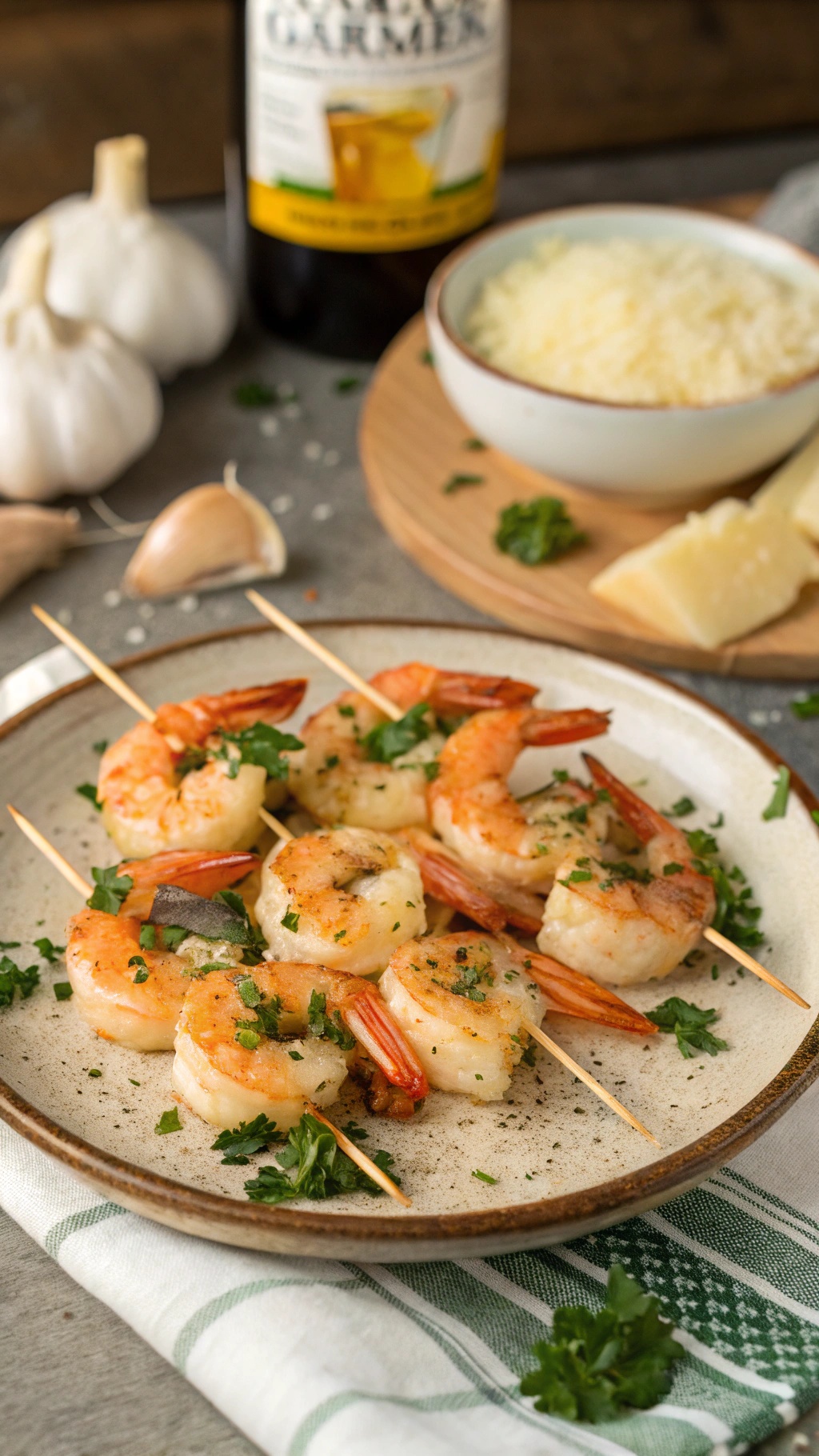 Garlic Parmesan shrimp skewers garnished with parsley, with garlic and cheese in the background.