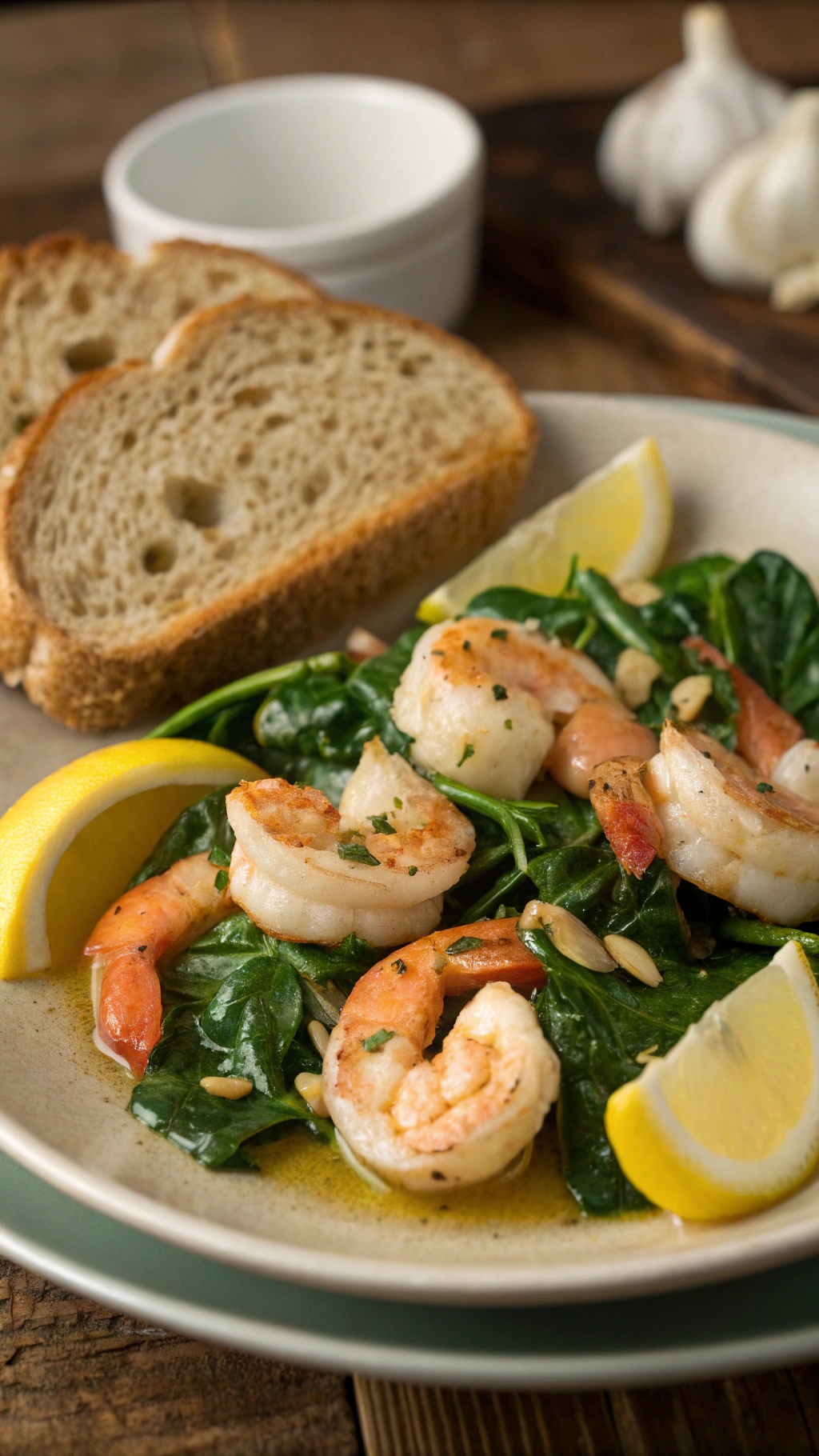 A plate of garlic shrimp and spinach with lemon wedges and slices of bread.