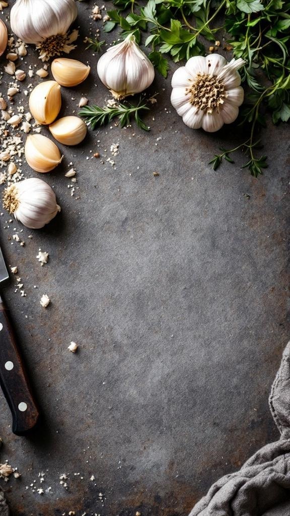 Fresh garlic cloves and bulbs on a dark surface with herbs and a knife.