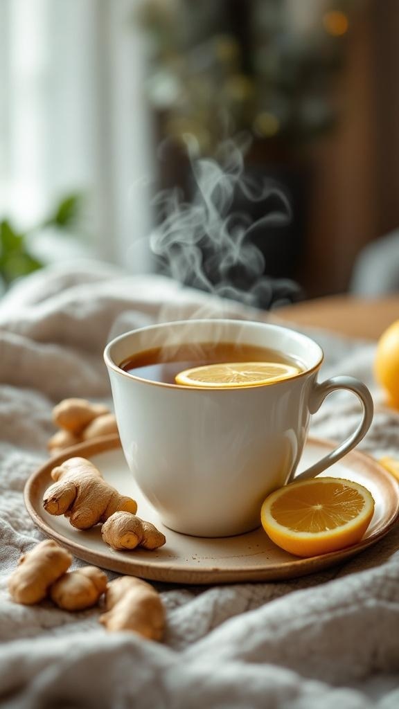 A steaming cup of ginger tea with lemon, surrounded by fresh ginger roots on a cozy blanket.
