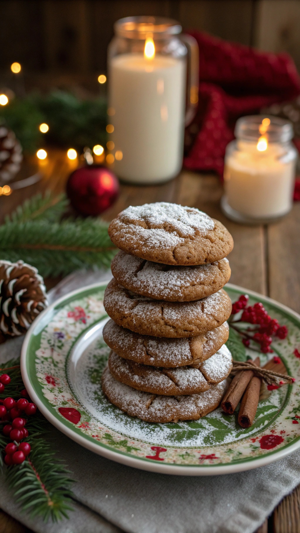 A stack of healthy molasses cookies dusted with powdered sugar on a festive plate, surrounded by holiday decorations.