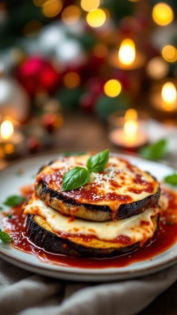 A delicious plate of gourmet low carb eggplant parmesan with marinara sauce and melted cheese, set against a festive background.
