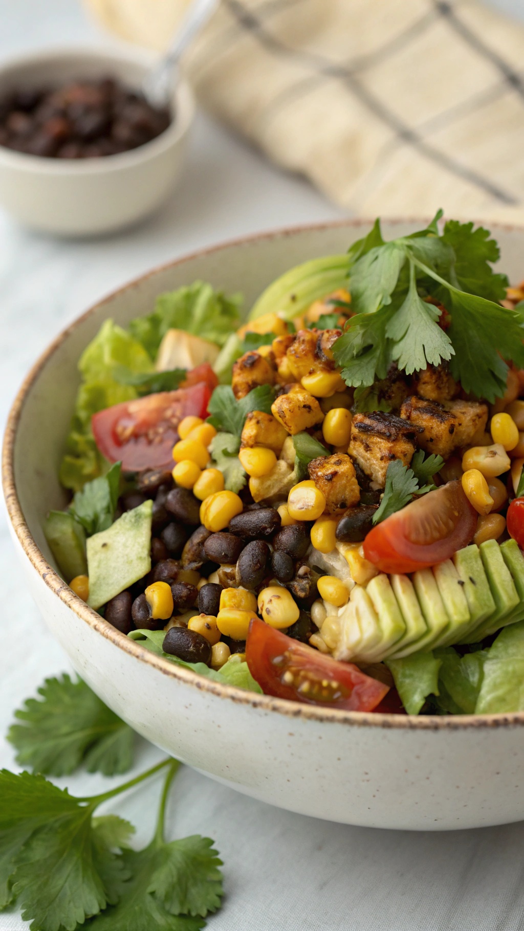 A colorful gourmet roasted corn taco salad with black beans, avocado, cherry tomatoes, and cilantro.