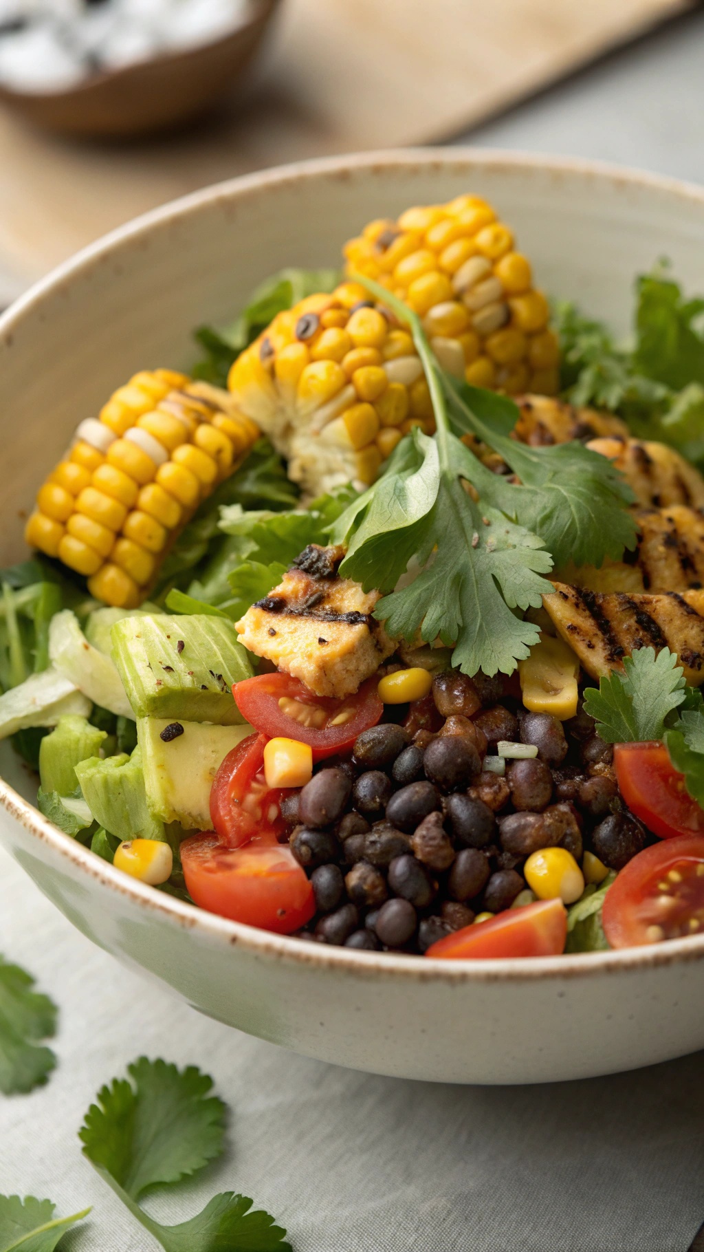A colorful gourmet roasted corn taco salad with mixed greens, black beans, grilled corn, cherry tomatoes, and cilantro.