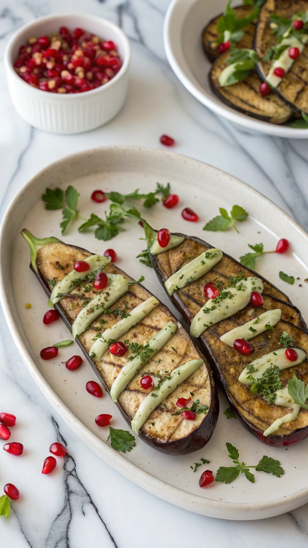 Gourmet vegan eggplant slices topped with herbed tahini and pomegranate seeds, served on a plate.