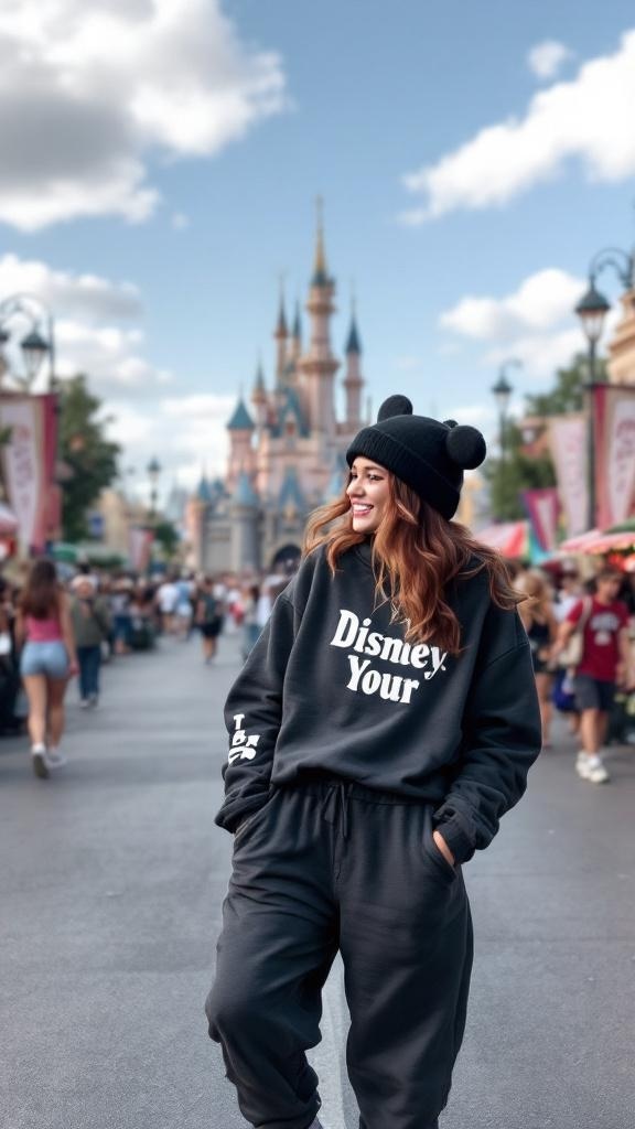 A woman wearing a graphic sweatshirt and joggers at Disneyland with the castle in the background.