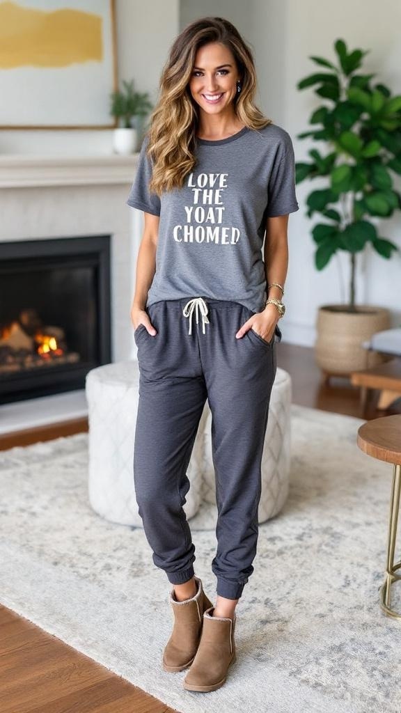 A woman wearing a graphic tee that says 'LEAVE GUYE' and gray joggers, paired with Ugg boots, standing in a cozy living room.
