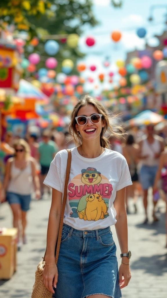 A woman wearing a graphic tee and A-line skirt, smiling in a colorful summer setting.