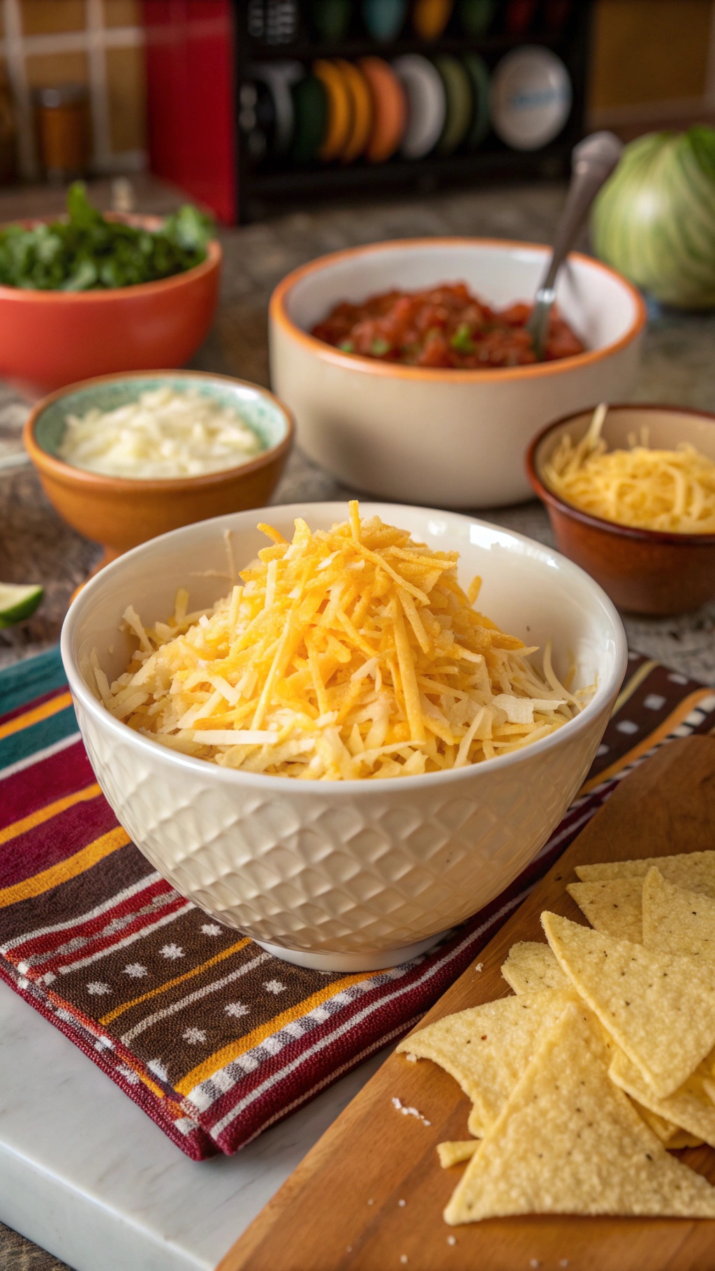 A bowl of grated cheese ready to be added to chicken tortilla soup, with tortilla chips on the side.