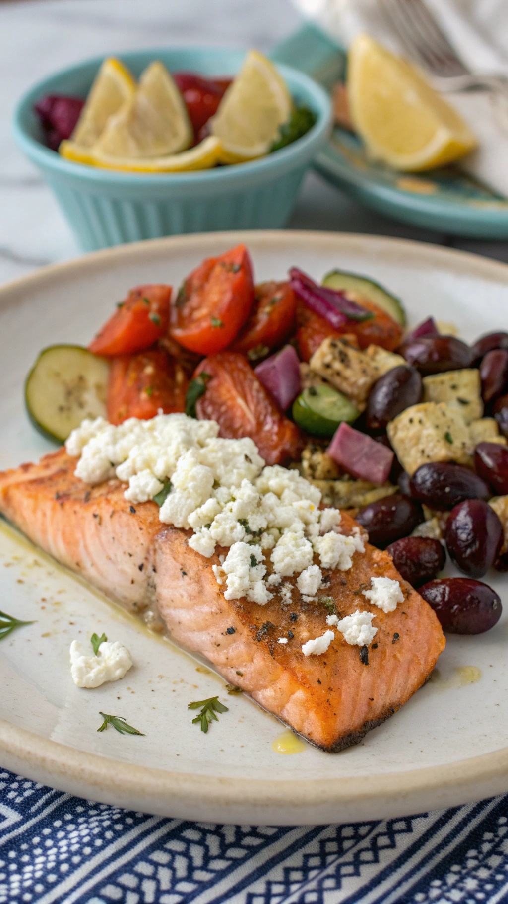 A plate of Greek salmon topped with feta cheese and olives, served with roasted vegetables.