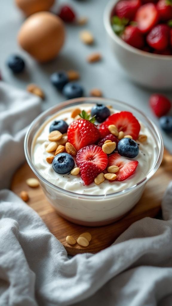 A bowl of Greek yogurt topped with strawberries, blueberries, and peanuts, surrounded by fresh fruits and eggs.