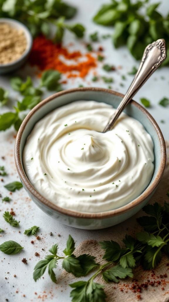 A bowl of Greek yogurt surrounded by fresh herbs and spices