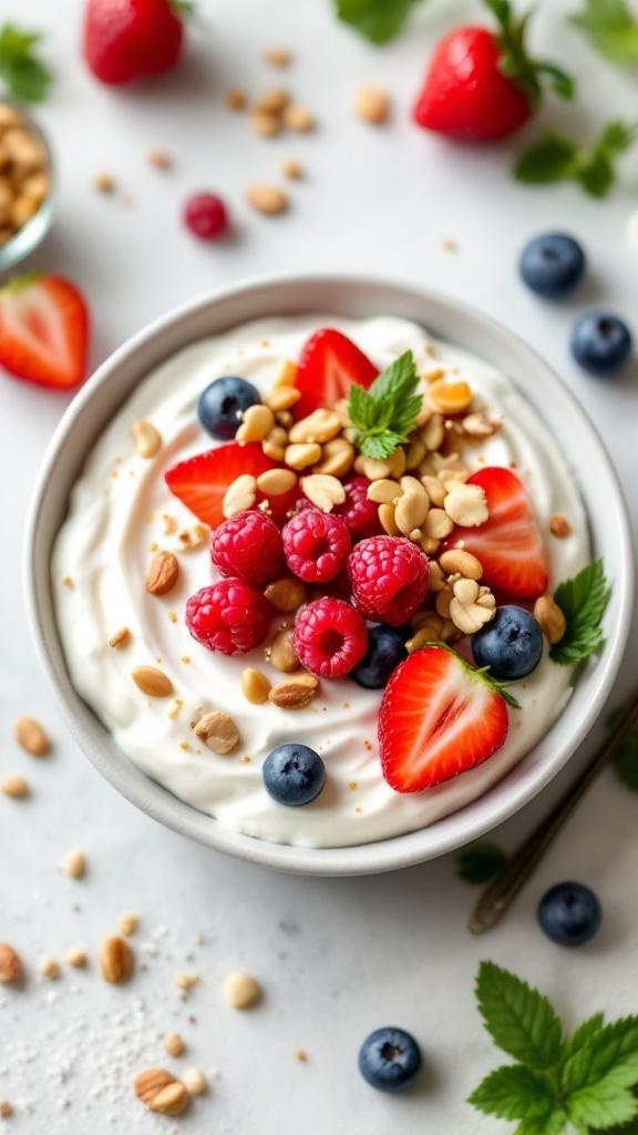 A bowl of Greek yogurt topped with strawberries, blueberries, raspberries, and nuts.