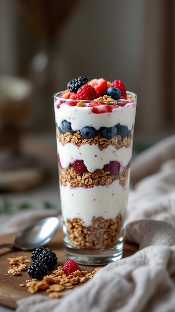 A delicious Greek yogurt parfait with layers of yogurt, granola, and mixed berries.