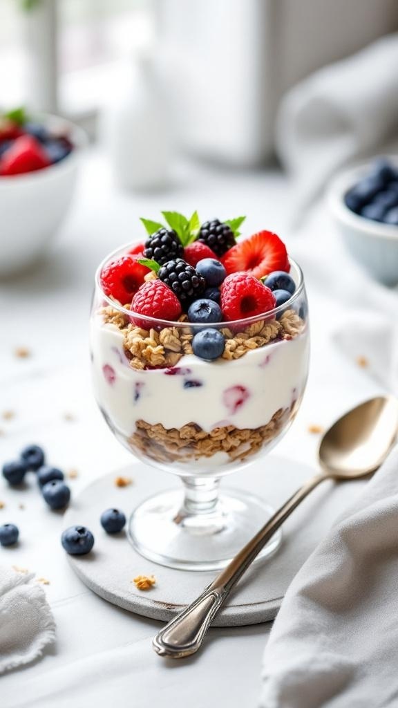 A delicious Greek yogurt parfait with layers of yogurt, granola, and fresh berries.