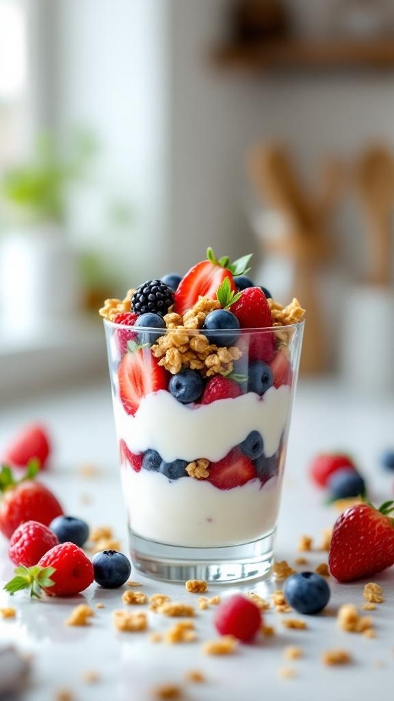 A glass of Greek yogurt parfait layered with strawberries, blueberries, blackberries, and granola, surrounded by fresh berries.