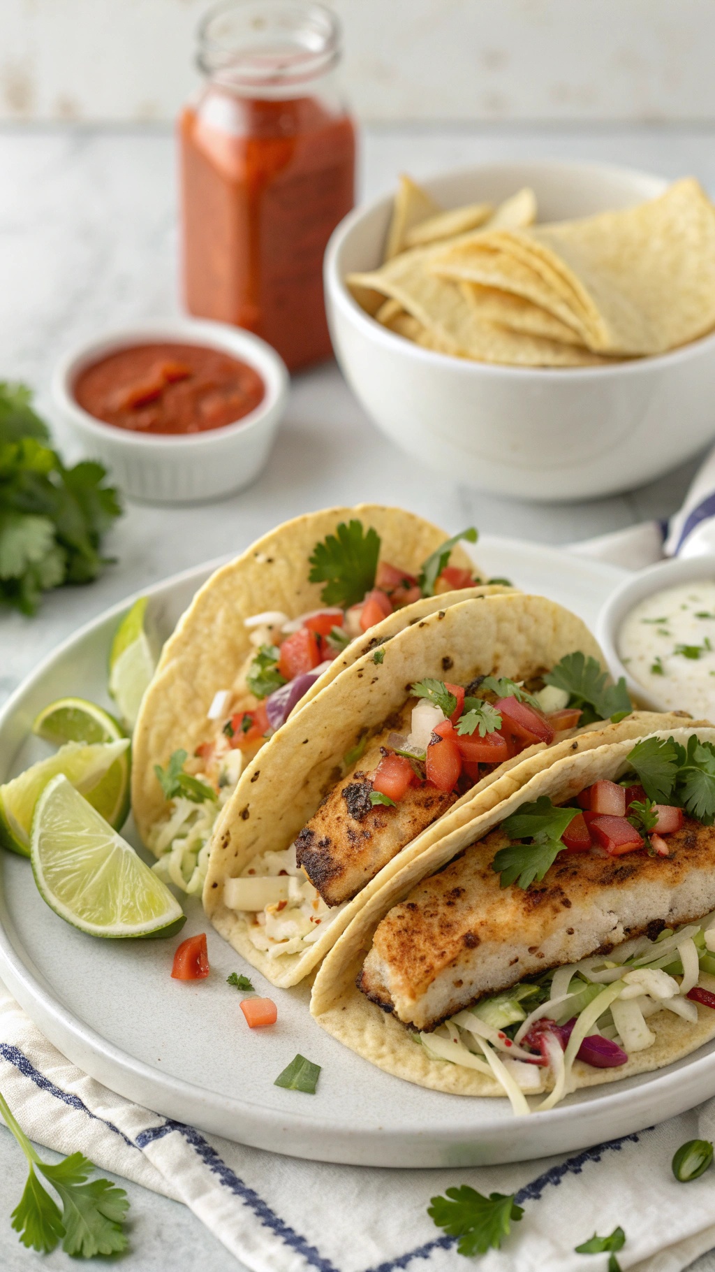 Grilled fish tacos with cabbage slaw and lime wedges on a plate, with a beach view in the background.
