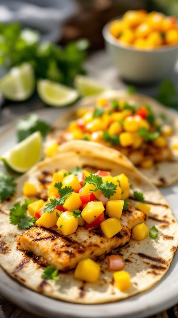 Grilled fish tacos topped with mango salsa, served with lime wedges