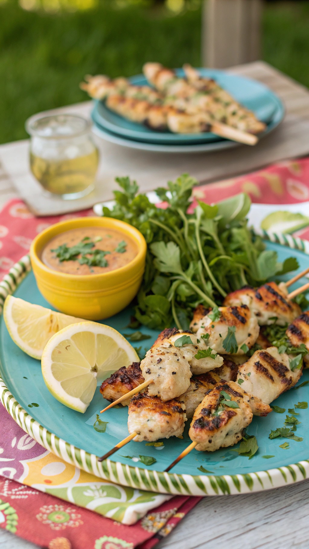Grilled lemon herb chicken skewers served with fresh herbs and lemon wedges.