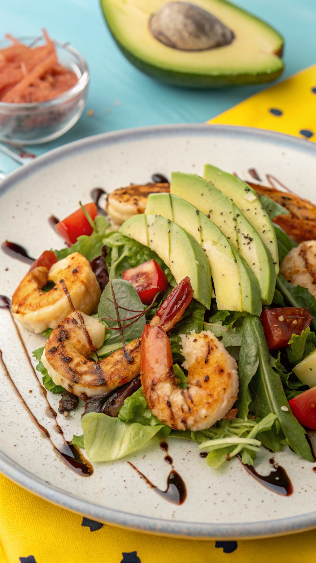 A colorful grilled shrimp and avocado salad on a plate with mixed greens and cherry tomatoes.