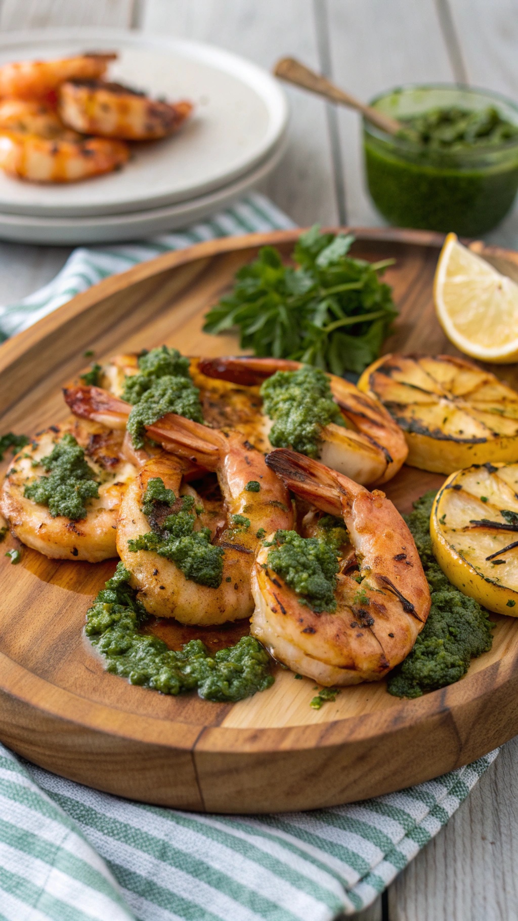 Grilled shrimp with chimichurri sauce on a wooden plate, garnished with grilled lemon and fresh herbs.