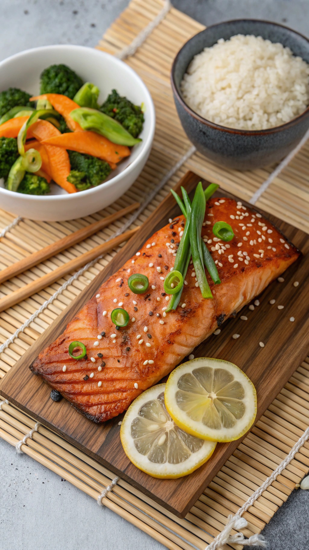 Grilled teriyaki salmon served with steamed vegetables and rice on a wooden platter.